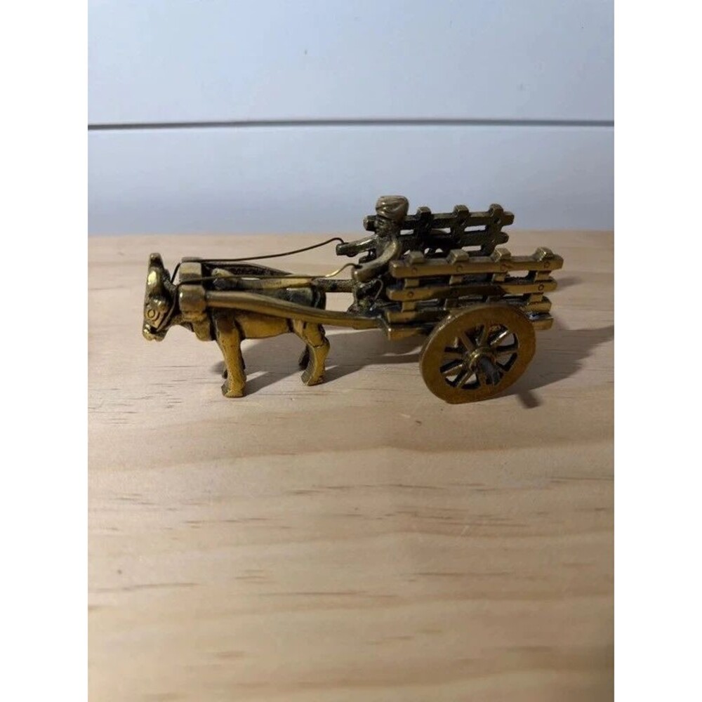 Vintage Brass Bullock Ox Cart Figurine Farming farmhouse